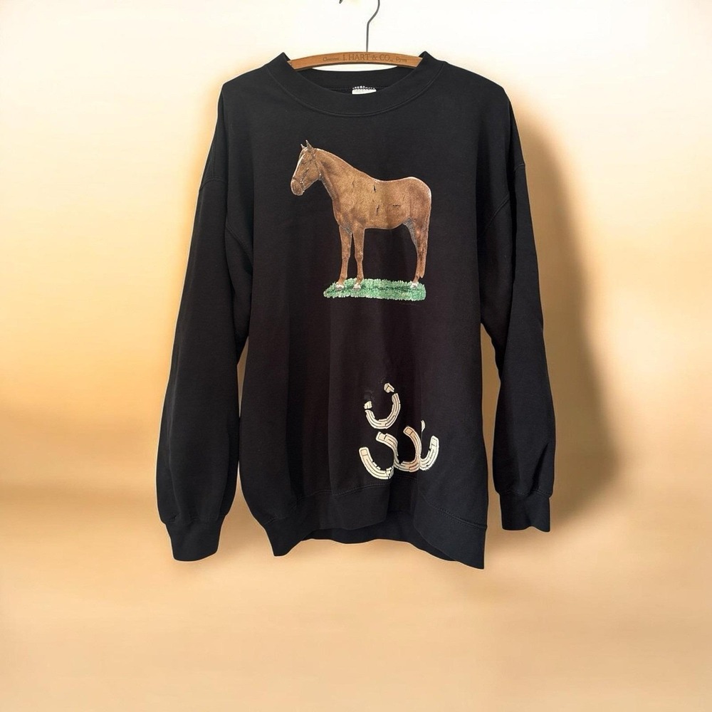 Vintage Horse Animals Cute Large Black Long Sleeve Pullover Sweatshirt